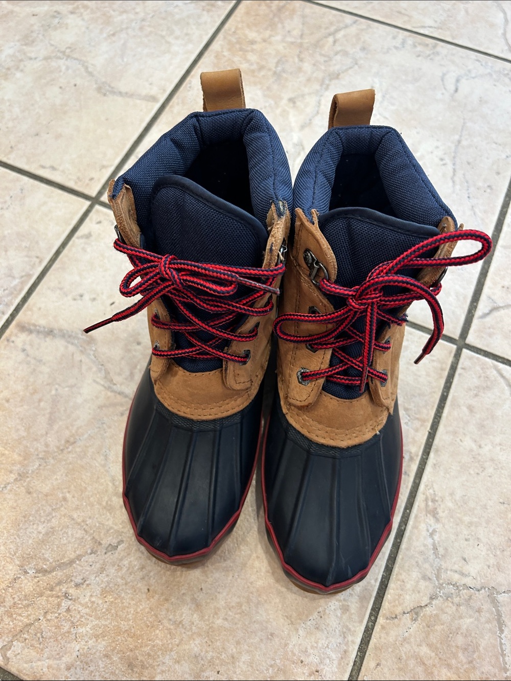 Lands' End Kids Navy, Brown & Red Duck Boots